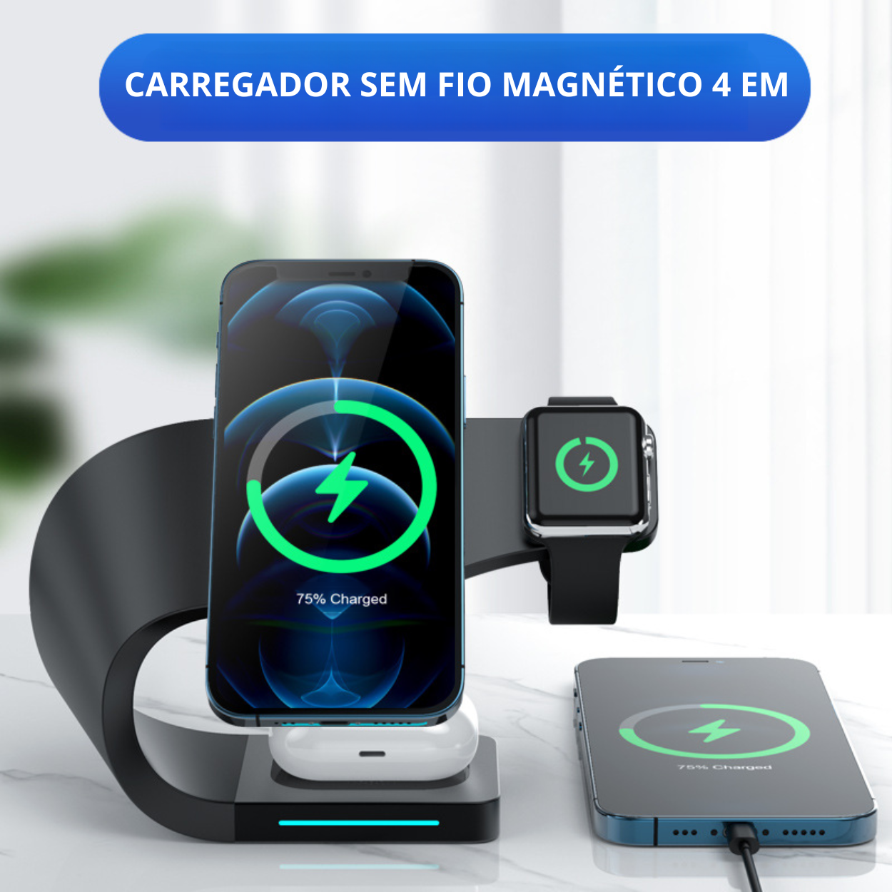 Carregador Sem Fio Magnético 4 em 1 para iPhone 13/12, Celular, Fone de Ouvido e Relógio
