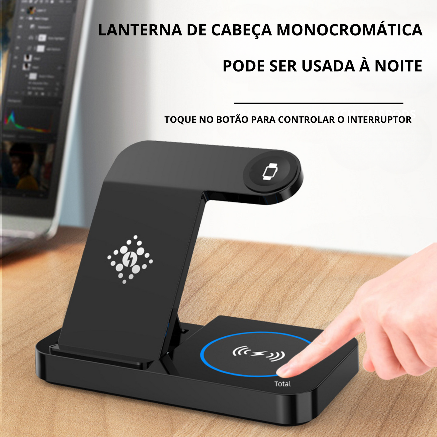 Carregador Sem Fio Dobrável 4 em 1 Compatível com iPhone, Relógio e Fones de Ouvido