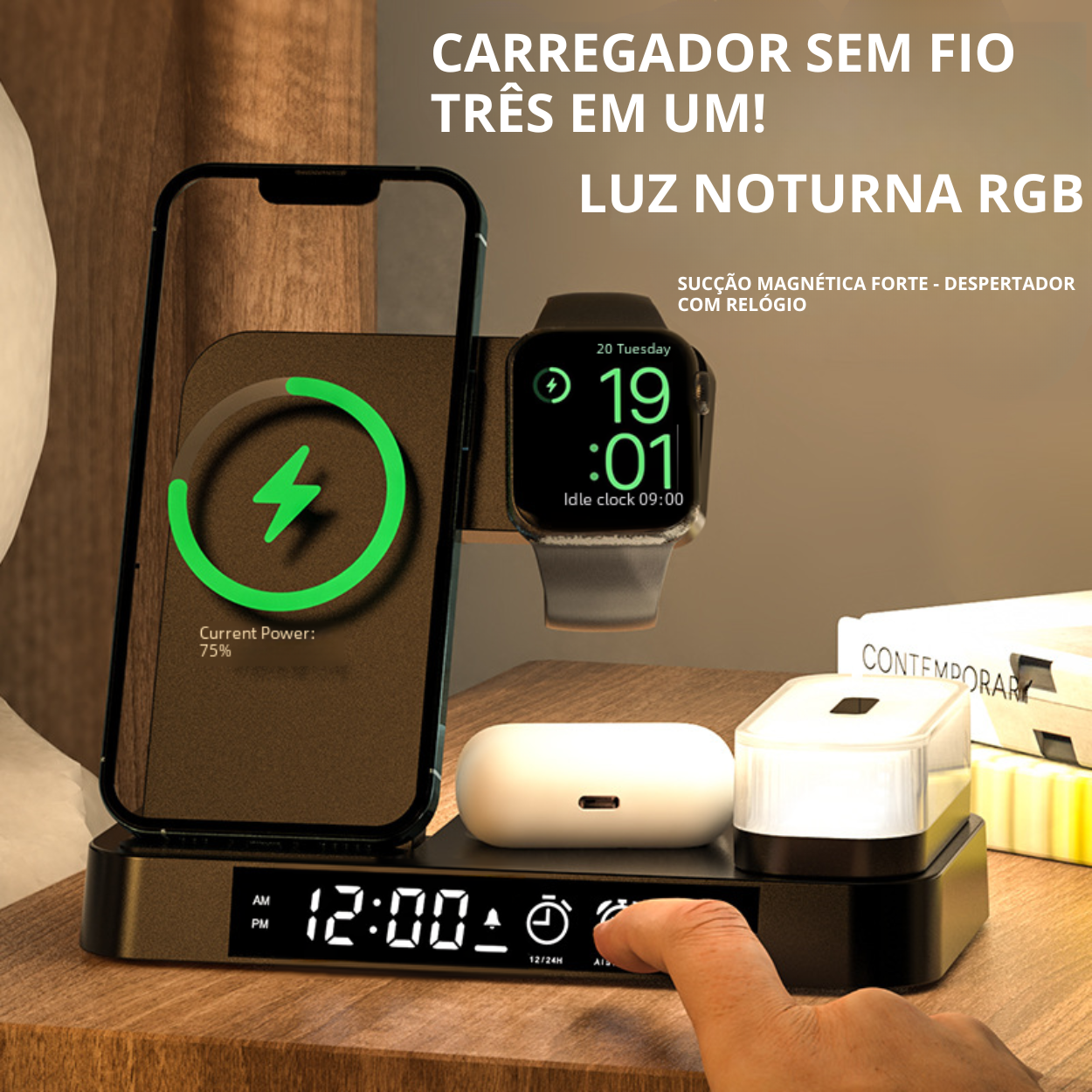 Carregador Sem Fio 3 em 1 Multifuncional com Suporte para Relógio e Carregamento Rápido 25W para iPhone