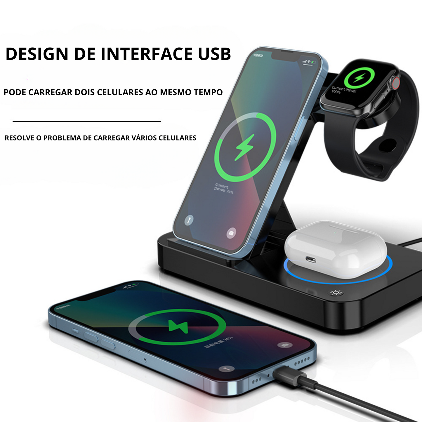 Carregador Sem Fio Dobrável 4 em 1 Compatível com iPhone, Relógio e Fones de Ouvido