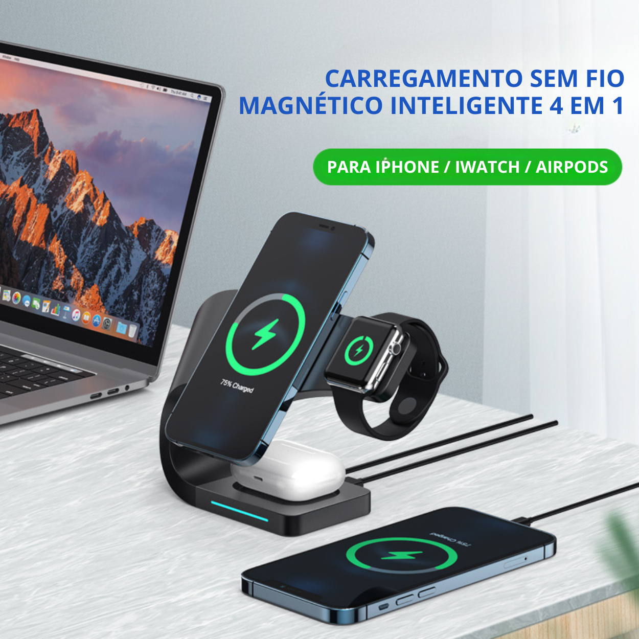Carregador Sem Fio Magnético 4 em 1 para iPhone 13/12, Celular, Fone de Ouvido e Relógio