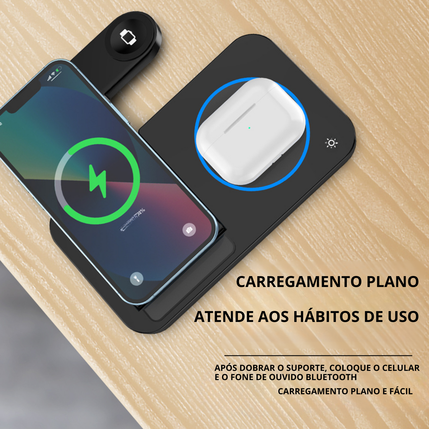 Carregador Sem Fio Dobrável 4 em 1 Compatível com iPhone, Relógio e Fones de Ouvido