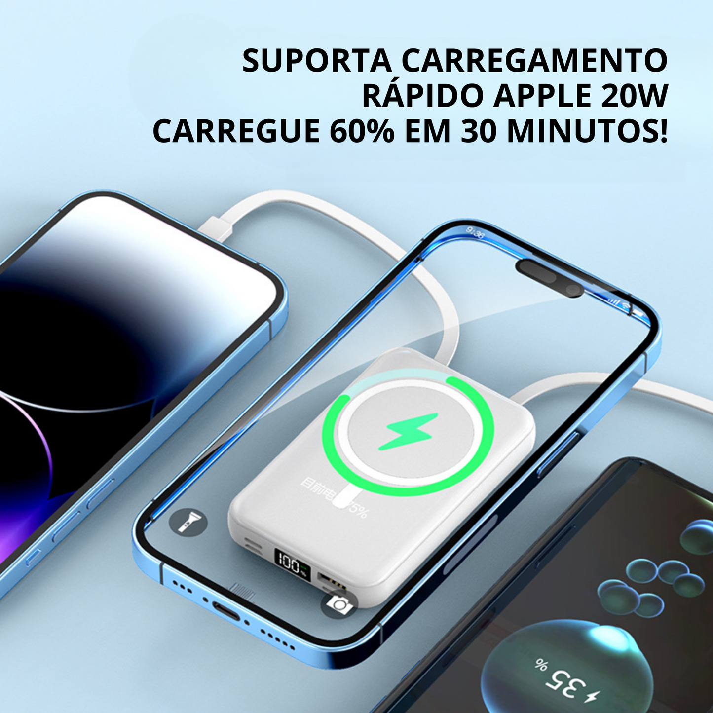 Power Bank MagSafe 10.000mAh com Cinta Integrada Carregador Magnético Rápido para iPhone