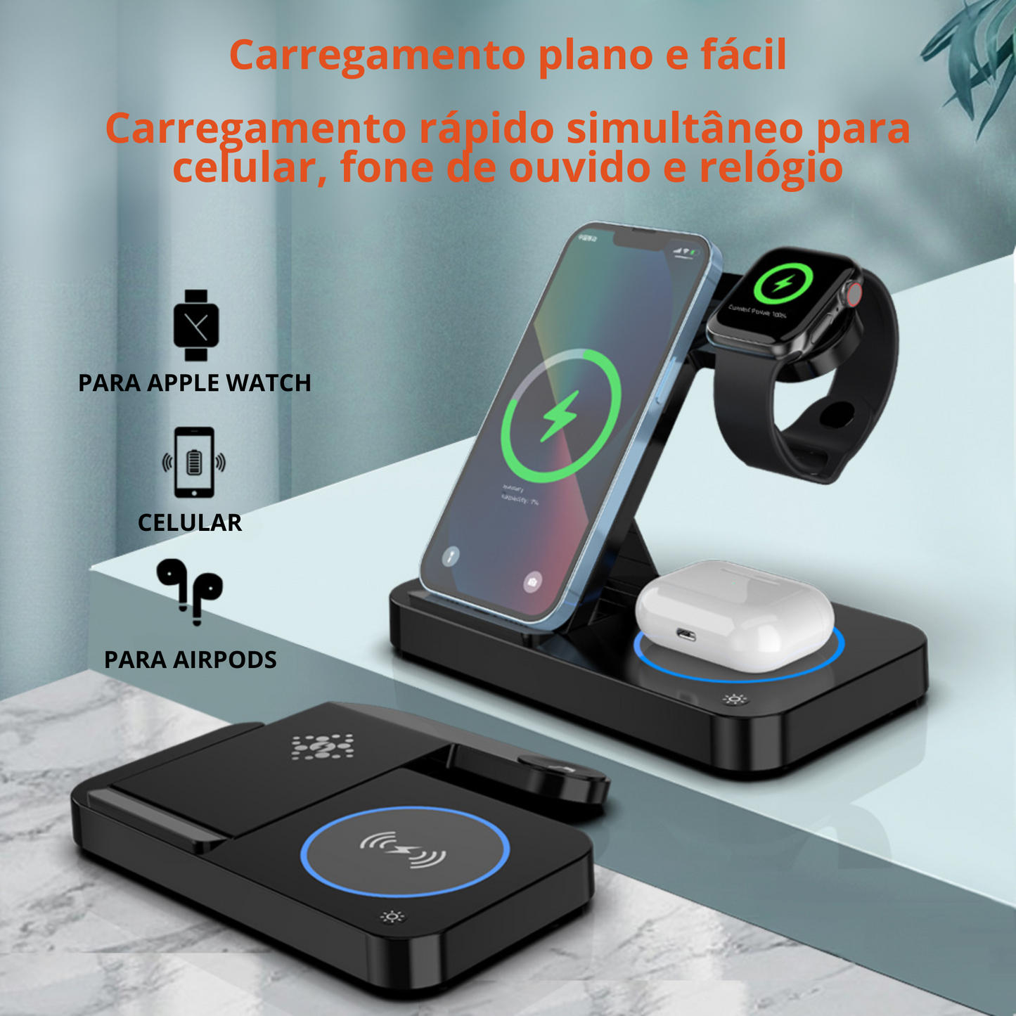 Carregador Sem Fio Dobrável 4 em 1 Compatível com iPhone, Relógio e Fones de Ouvido