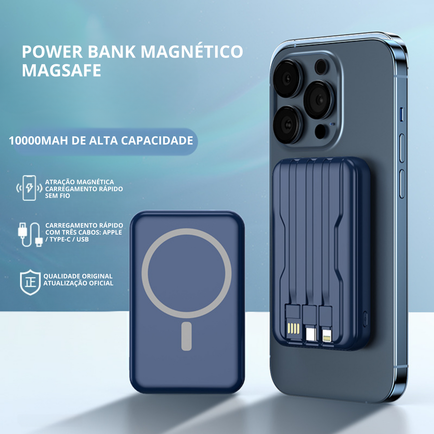 Power Bank MagSafe 10.000mAh com Cinta Integrada Carregador Magnético Rápido para iPhone