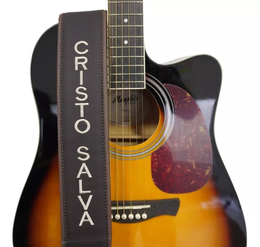 Correia Para Violão E Guitarra Basso Marrom Cristo Salva Tipo Premium