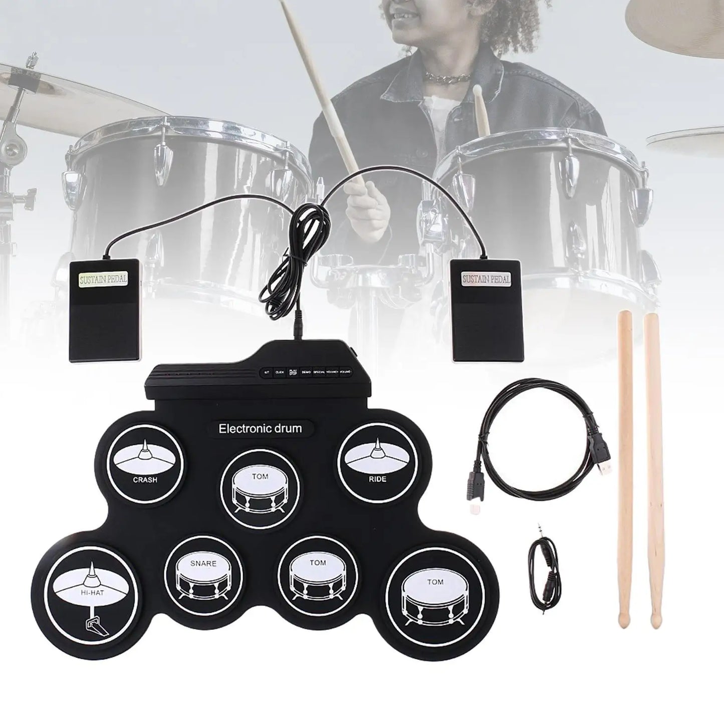 Bateria Eletrônica Portátil de Silicone com Baquetas